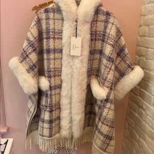 Plaid Hooded Cape with Faux Fur Trim
